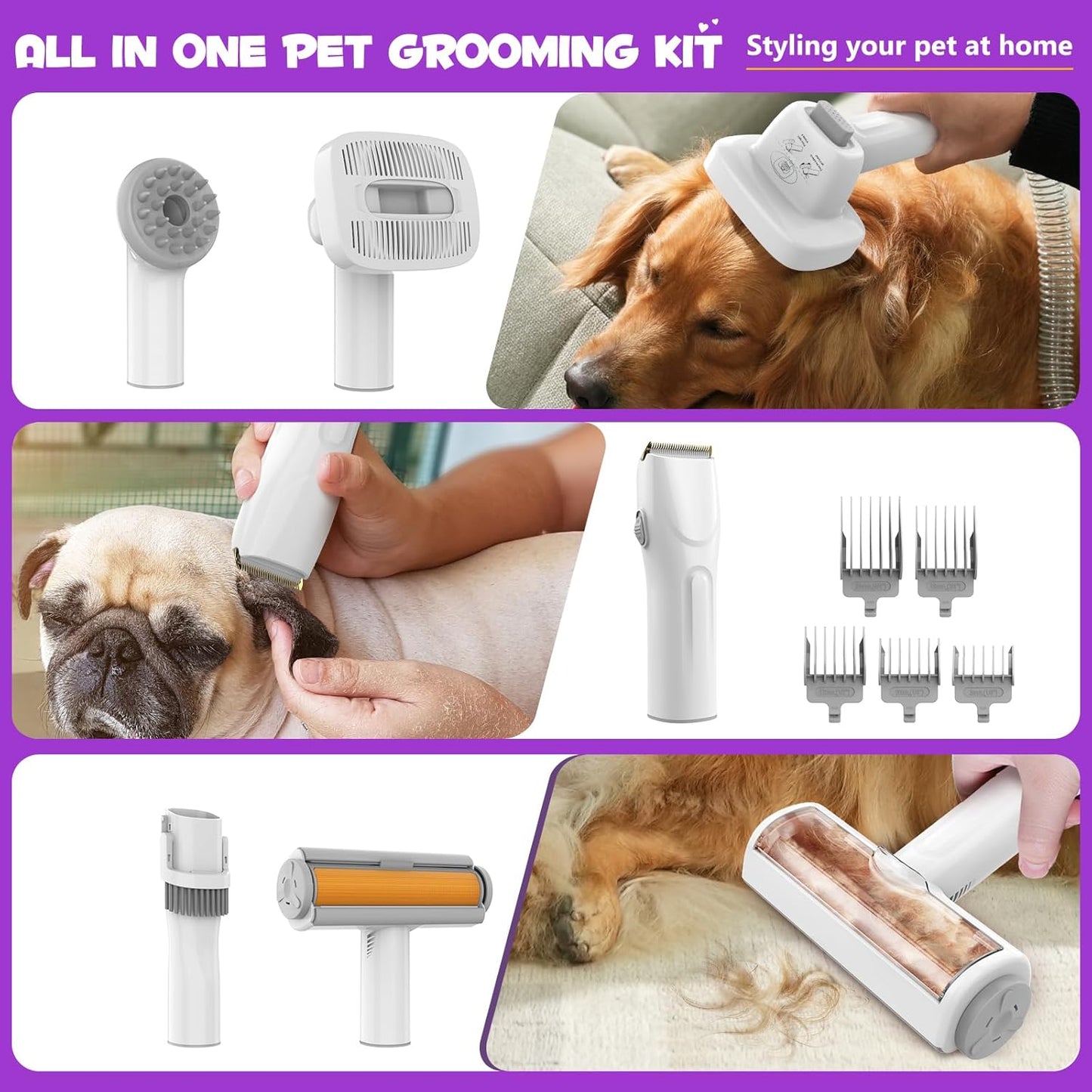 Dog Grooming Kit&Vacuum, 3L Pet Grooming Vacuum 99% Pet Hair Suction, 5 Pet Grooming Tools, 5 Combs, Quiet Pet Vacuum Groomer with Hair Roller, Massage Nozzle for Shedding Dogs, Cats