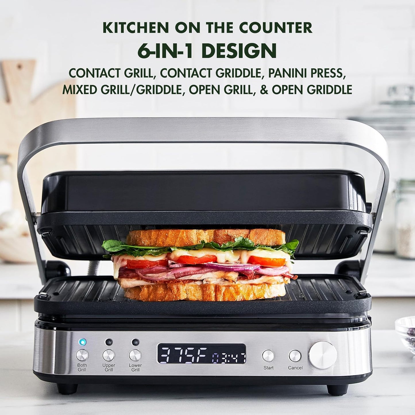 GreenPan Electric Indoor Stainless Steel 6-in-1 Contact Grill and Griddle, Healthy Ceramic Nonstick, Dishwasher Safe Reversible Plates, PFAS-Free, Sandwich Panini Press, Gourmet, Dual Temperature