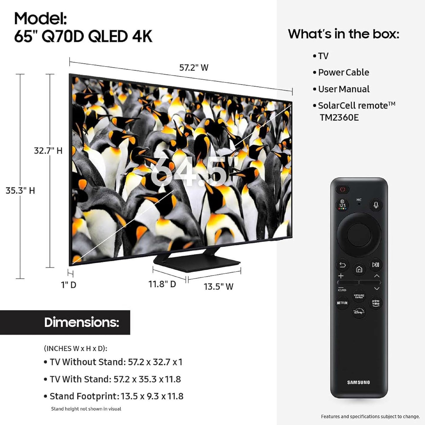 SAMSUNG 65-Inch Class QLED 4K Q70D Series Quantum HDR Smart TV with Object Tracking Sound Lite, Motion Xcelerator, Eye Comfort Mode, Gaming Hub, Alexa Built-in