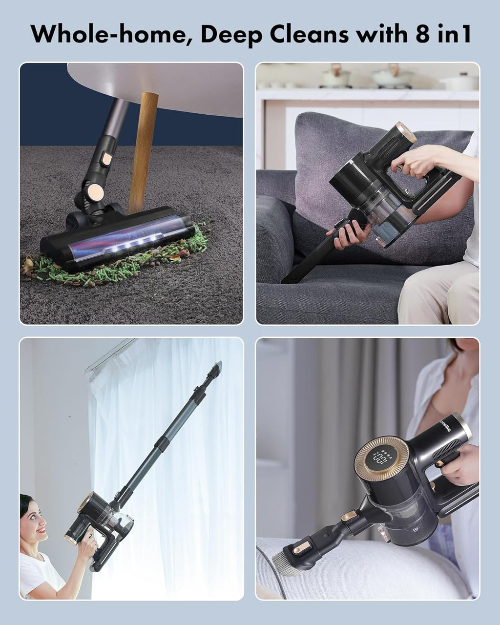 Homeika - Pro Version - 28k PA Cordless Vacuum Cleaner, Digital Display, 50 min Runtime, 3 Speed, Telescopic, 300 Watts, Brushless Motor, 8 in 1, HEPA Filter,
