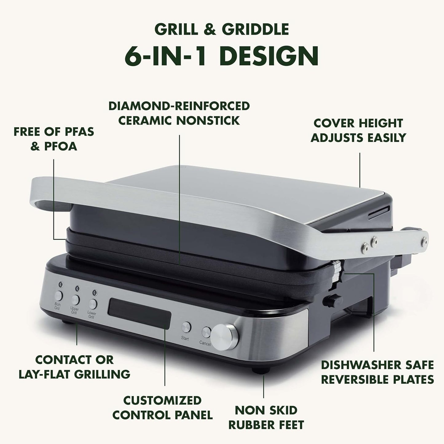 GreenPan Electric Indoor Stainless Steel 6-in-1 Contact Grill and Griddle, Healthy Ceramic Nonstick, Dishwasher Safe Reversible Plates, PFAS-Free, Sandwich Panini Press, Gourmet, Dual Temperature