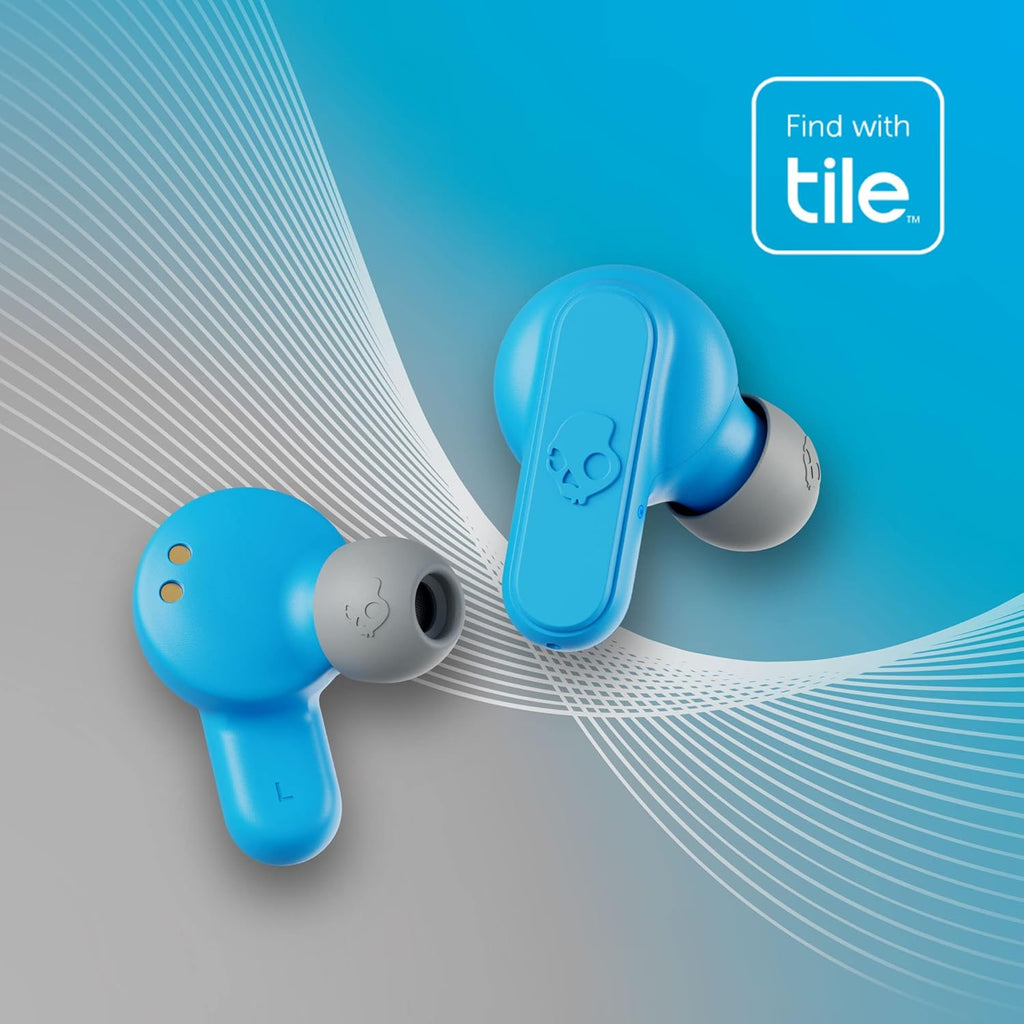 Skullcandy Dime 2 Wireless Earbuds, Bluetooth Headphones, Noise Isolating Fit, Up to 12 Hours Battery, Microphone for iPhone Android, Easy Carry with Integrated Lanyard - Light Grey/Blue