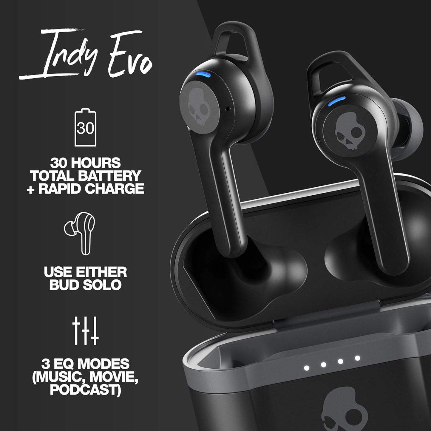Skullcandy Indy Evo in-Ear Wireless Earbuds, 30 Hr Battery, Microphone, Works with iPhone Android and Bluetooth Devices - Black