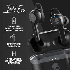 Skullcandy Indy Evo in-Ear Wireless Earbuds, 30 Hr Battery, Microphone, Works with iPhone Android and Bluetooth Devices - Black