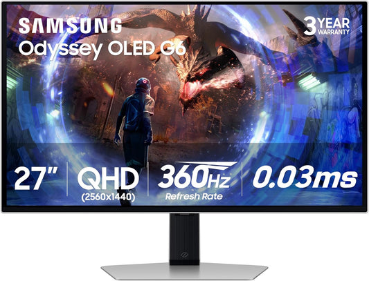 Samsung 27” Odyssey OLED G6 (G60SD) Series Gaming Monitor with QHD & QD-OLED, 360Hz 0.03ms, AMD FreeSync Premium Pro, Anti-Glare, Sleek Design, Cooling System