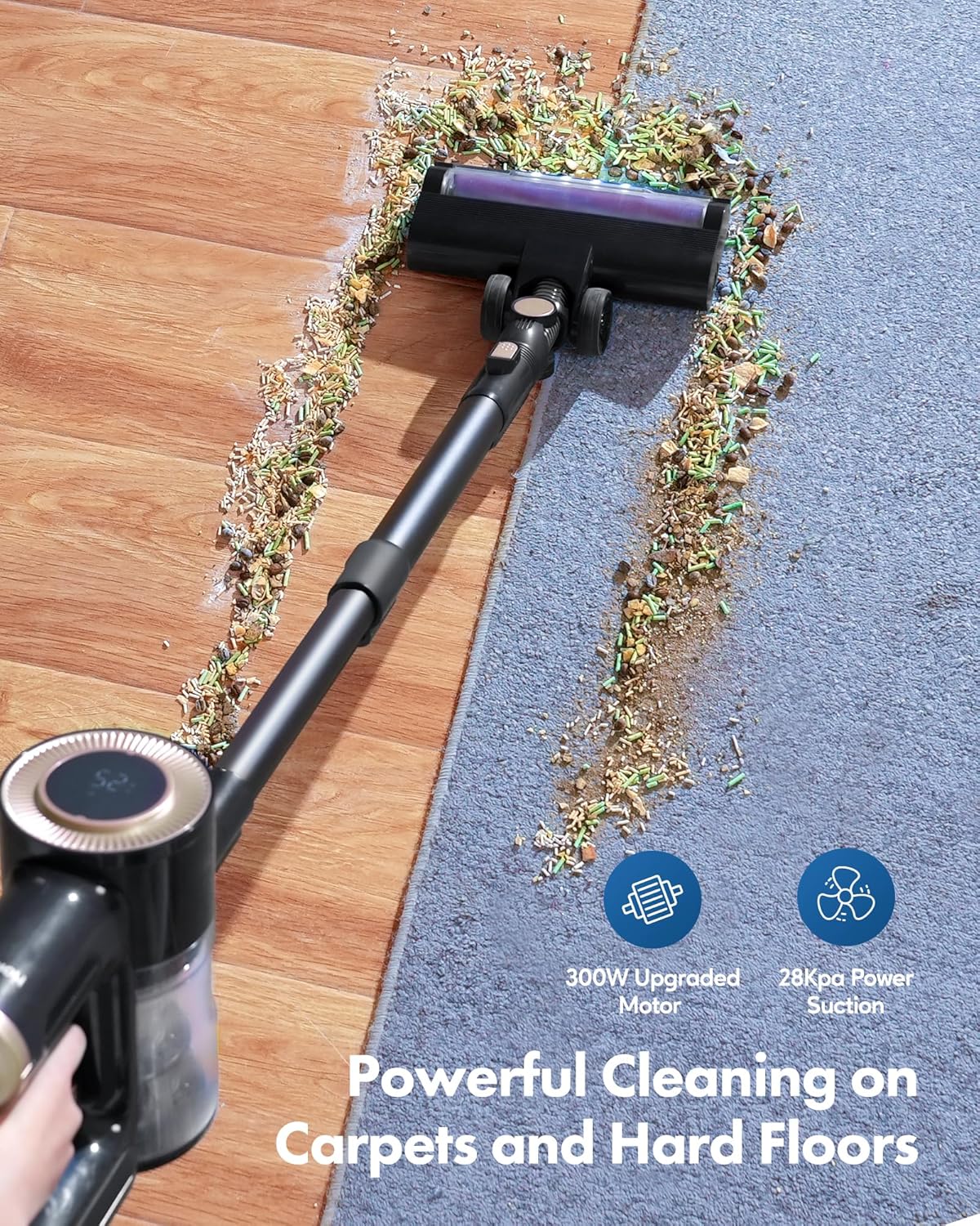 Homeika - Pro Version - 28k PA Cordless Vacuum Cleaner, Digital Display, 50 min Runtime, 3 Speed, Telescopic, 300 Watts, Brushless Motor, 8 in 1, HEPA Filter,