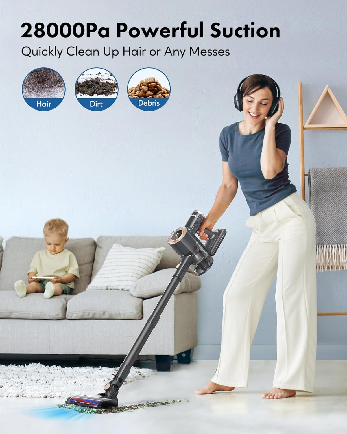 Homeika - Pro Version - 28k PA Cordless Vacuum Cleaner, Digital Display, 50 min Runtime, 3 Speed, Telescopic, 300 Watts, Brushless Motor, 8 in 1, HEPA Filter,