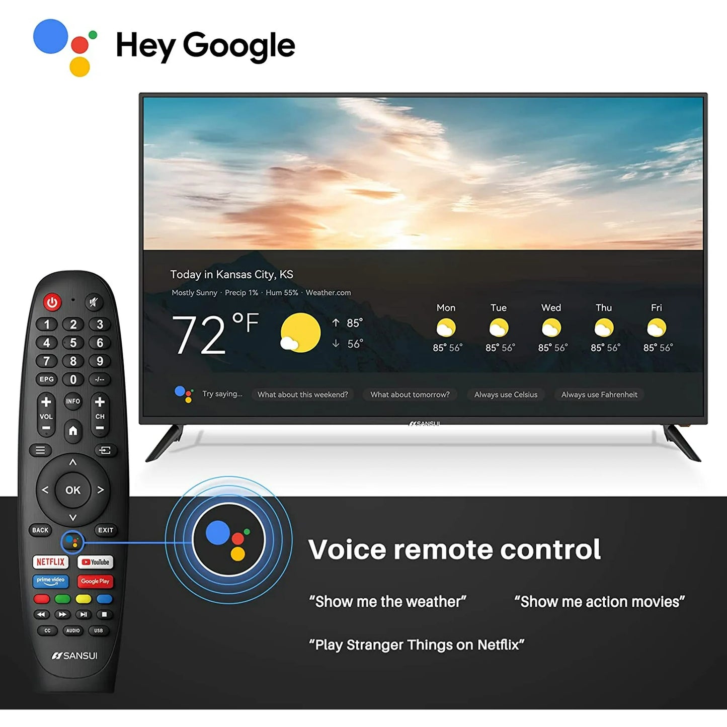 Sansui 58-Inch 4K UHD HDR Smart LED Android TV with Google Assistant (Voice Control), Screen Share, HDMI, USB (2022 Model Android 9 OS)