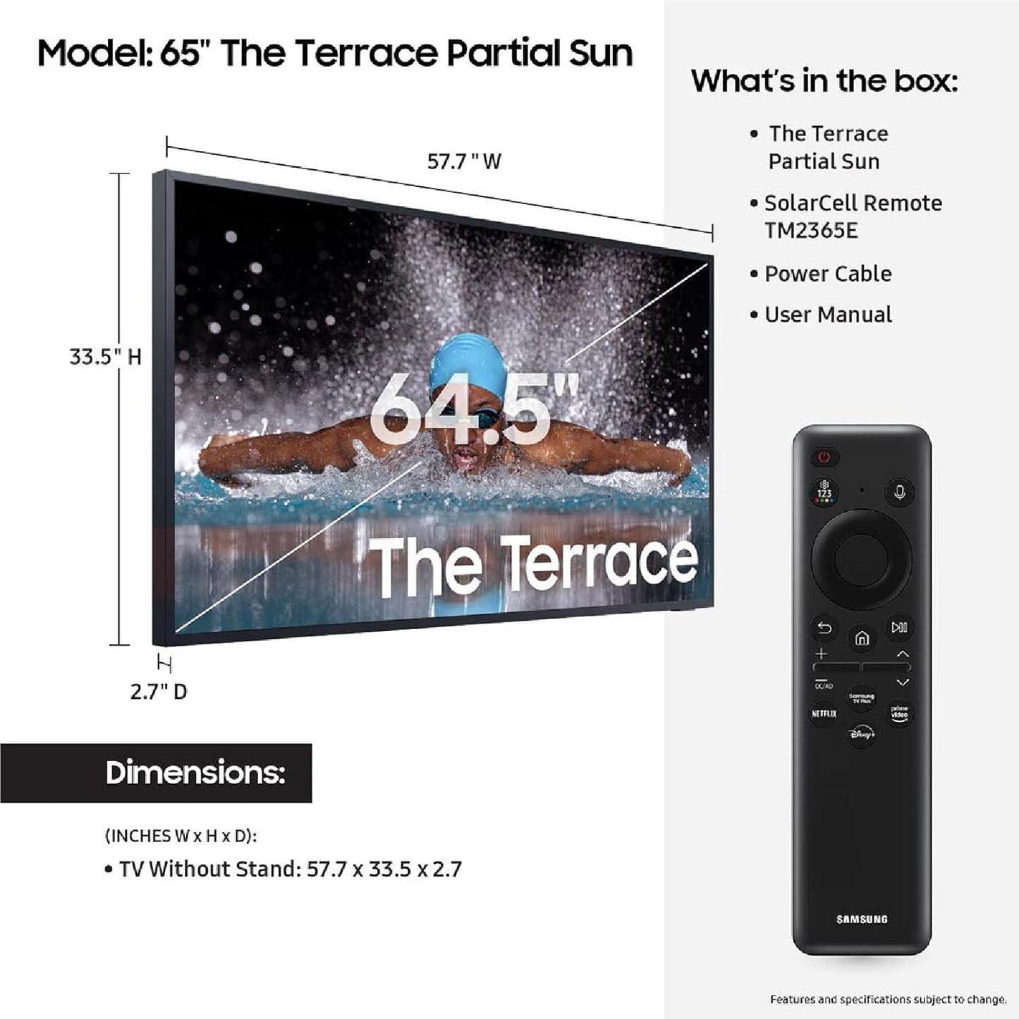Samsung 65-Inch Class Neo QLED 4K The Terrace Partial Sun, Quantum HDR+, Dolby Atmos, Wide Viewing Angle, Weather Resistant, Anti-Glare Outdoor Smart TV w/Alexa Built-in