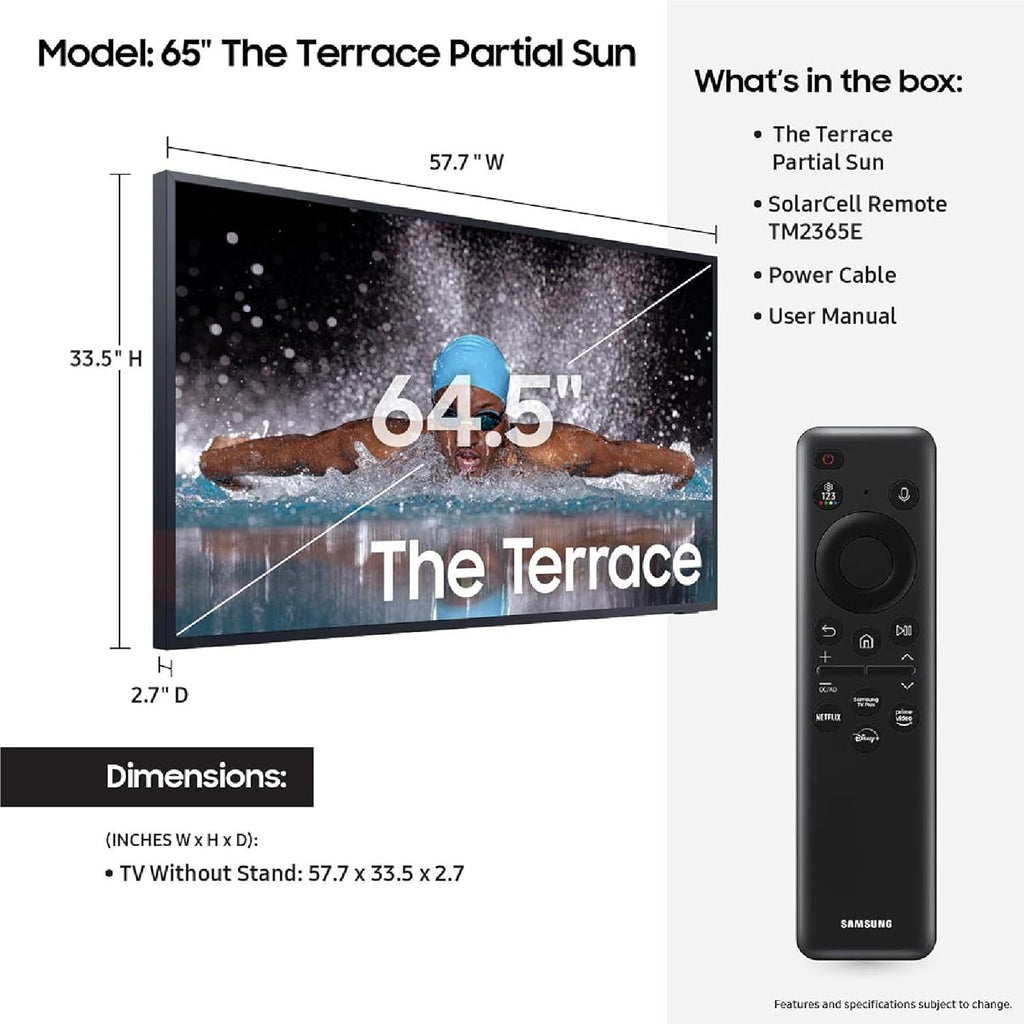 Samsung 65-Inch Class Neo QLED 4K The Terrace Partial Sun, Quantum HDR+, Dolby Atmos, Wide Viewing Angle, Weather Resistant, Anti-Glare Outdoor Smart TV w/Alexa Built-in