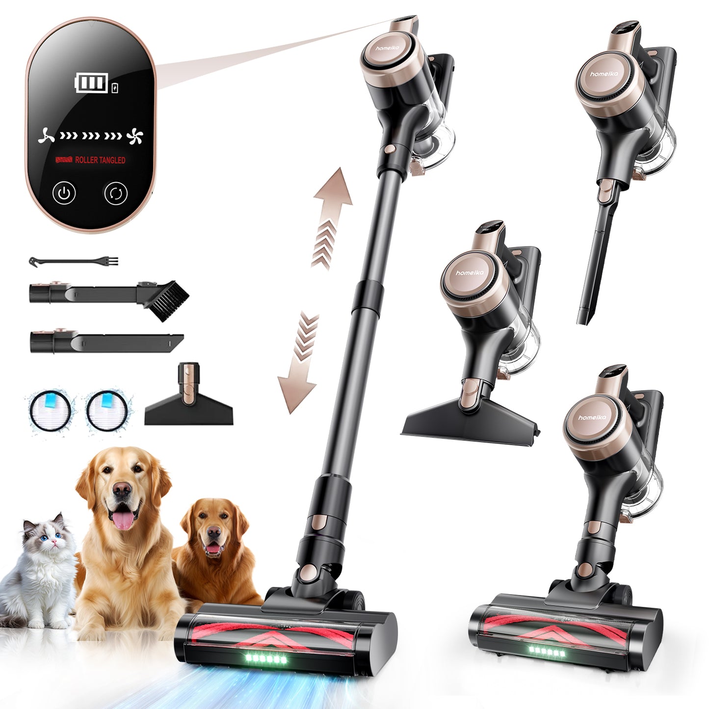 Homeika Cordless Vacuum Cleaner, 300W 23KPa Powerful Suction Vacuum with LED Display, 3 Suction, 48mins Runtime, Lightweight Stick Cleaner with Sofa Brush for Hard Floor/Carpet/Pet Hair/Car, Black